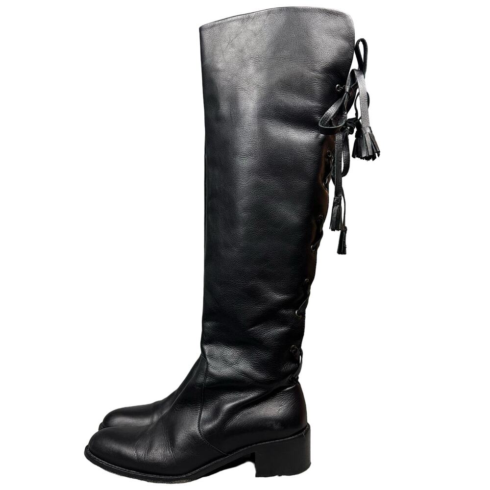 Kooba Made in Italy Over the Knee Boots Women 6 Black Lace Up Tassel Leather